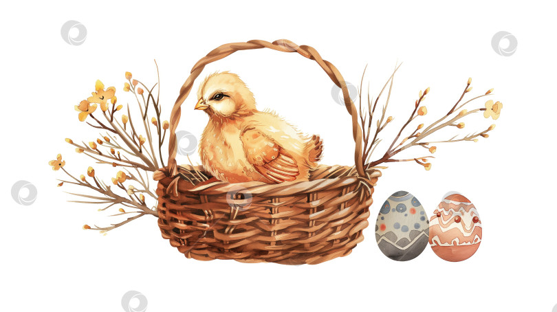 Скачать Акварельные винтажные пасхальные яйца ручной работы в плетеной корзине с курицей на белом фоне. Для оформления открыток, плакатов, баннеров фотосток Ozero
