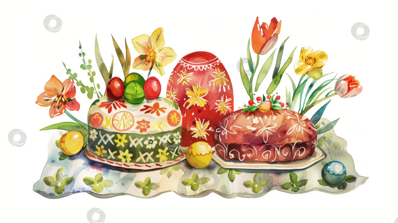 Скачать поздравительная открытка с набором красиво раскрашенных старинных разноцветных яиц. Пасхальная акварельная иллюстрация с традиционными угощениями, пасхальными яйцами, куличами и кружевами. фотосток Ozero