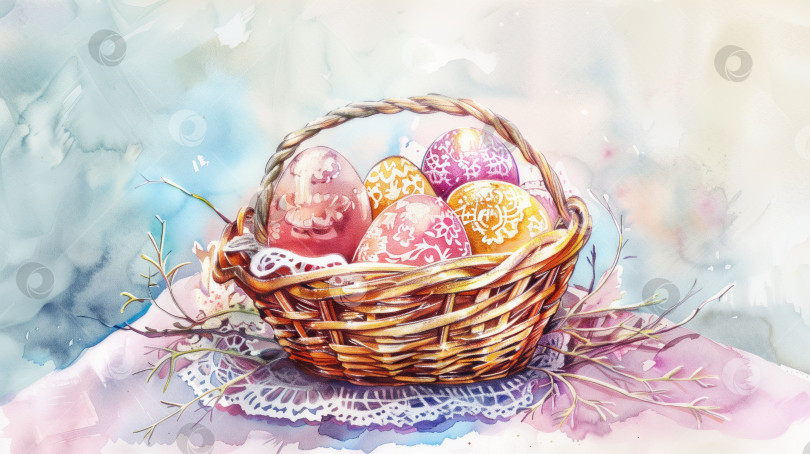 Скачать Акварельная открытка с поздравлениями к Пасхе с украшенными яйцами в корзине и весенними цветами. Весенний праздничный цветочный плакат, графический шаблон для печати с выделенным пространством для текста. фотосток Ozero
