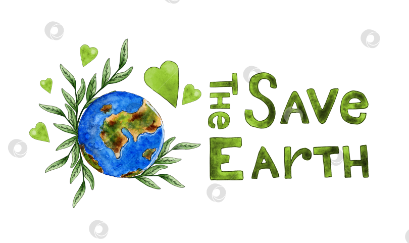 Скачать Планета Земля в зеленых ростках, сердечках и акварельных надписях фотосток Ozero