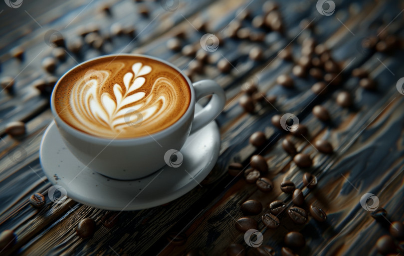 Скачать Теплая чашка кофе латте арт на деревянной поверхности, окруженная рассыпанными кофейными зернами, создает уютную, ароматную атмосферу фотосток Ozero