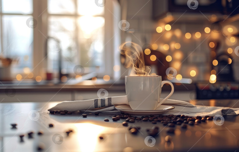 Скачать Дымящаяся кофейная чашка стоит среди рассыпанных зерен, а теплые огоньки на размытом фоне создают уютную атмосферу фотосток Ozero