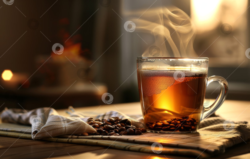 Скачать Теплая, манящая фотография, на которой запечатлена дымящаяся чашка кофе в окружении рассыпанных кофейных зерен на кухонном столе во время золотого часа фотосток Ozero
