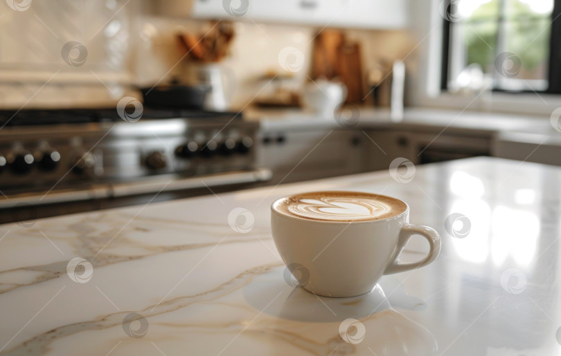 Скачать На современной кухне с мягким освещением на столешнице из белого мрамора в окружении обжаренных зерен стоит дымящаяся чашка кофе фотосток Ozero