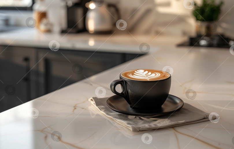 Скачать Черная кофейная чашка с детализированным сердечком в стиле латте стоит на мраморной столешнице, а современная кухня размыта на заднем плане, создавая уютную атмосферу фотосток Ozero