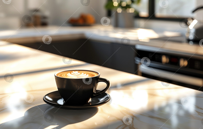 Скачать Черная кофейная чашка с детализированным сердечком в стиле латте стоит на мраморной столешнице, а современная кухня размыта на заднем плане, создавая уютную атмосферу фотосток Ozero