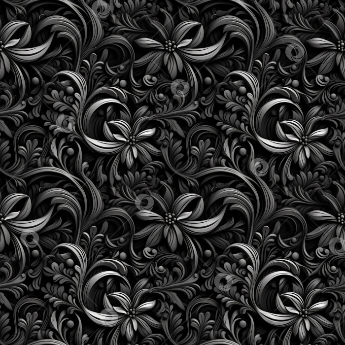 Скачать Черно-белый бесшовный узор с классическим орнаментом из листьев. Бесшовный текстурный фон. Сгенерированный ИИ. фотосток Ozero