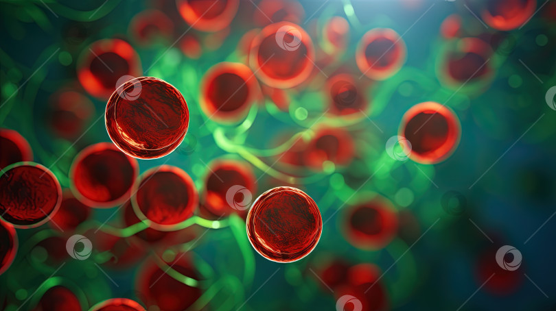 Скачать Красные кровяные тельца, текущие на зеленом фоне в научной абстракции. Концепция здоровья и медицины. Сгенерированный искусственный интеллект. фотосток Ozero