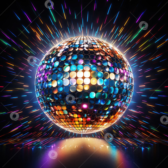 Скачать Диско-шар с подсветкой для вечеринок. зеркальный шар для дискотек в стиле 80-х. Сгенерированный ИИ. фотосток Ozero