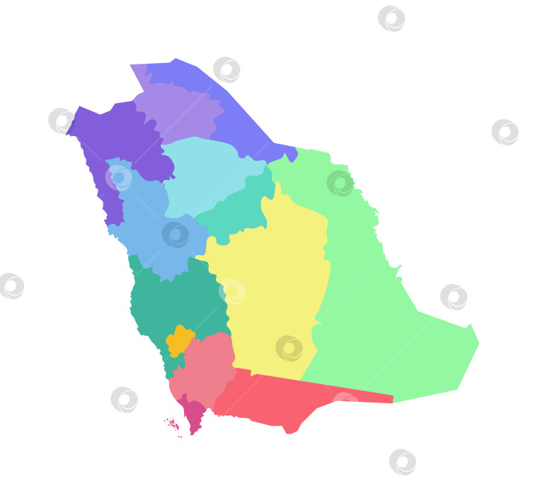 Скачать Векторная изолированная иллюстрация упрощенной административной карты Саудовской Аравии. Границы регионов. Разноцветные силуэты. фотосток Ozero