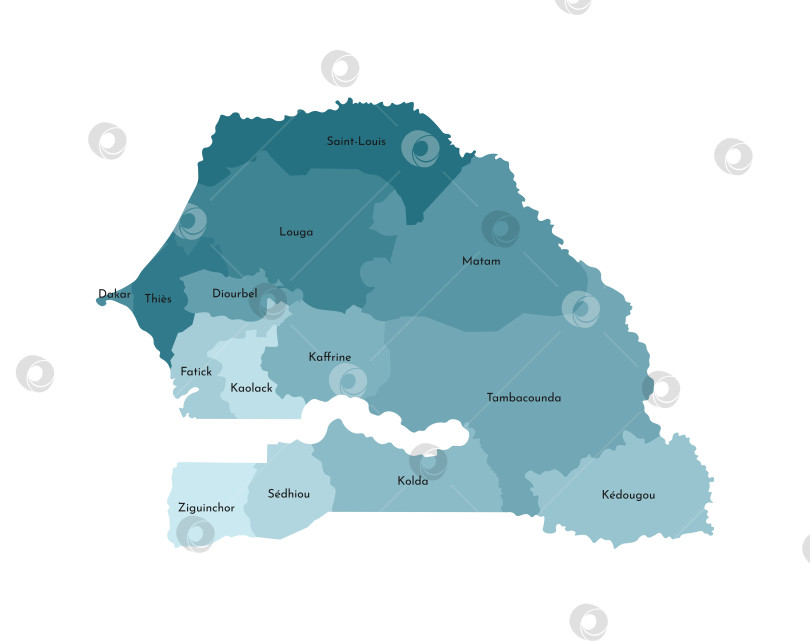 Скачать Векторная изолированная иллюстрация упрощенной административной карты Сенегала. Границы и названия регионов. Красочные силуэты синего цвета хаки фотосток Ozero
