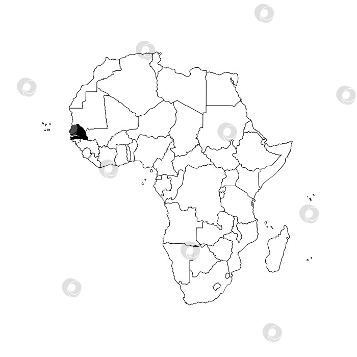 Скачать Векторная изолированная иллюстрация с изображением Африканского континента с границами всех государств. Политическая карта Республики Сенегал с черным контуром. Белый фон. фотосток Ozero