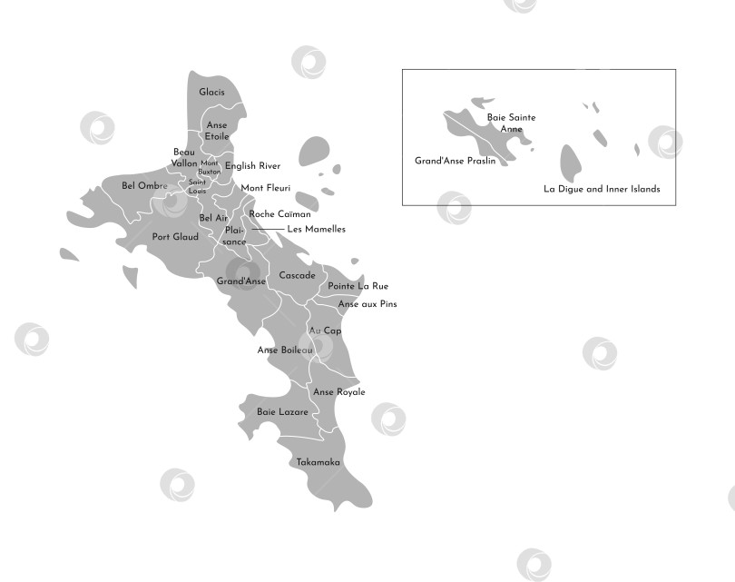 Скачать Векторная изолированная иллюстрация упрощенной административной карты Сейшельских островов. Границы и названия округов, областей. Серые силуэты. Белый контур. фотосток Ozero