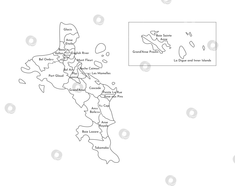 Скачать Векторная изолированная иллюстрация упрощенной административной карты Сейшельских Островов. Границы и названия округов, областей. Силуэты черными линиями. фотосток Ozero