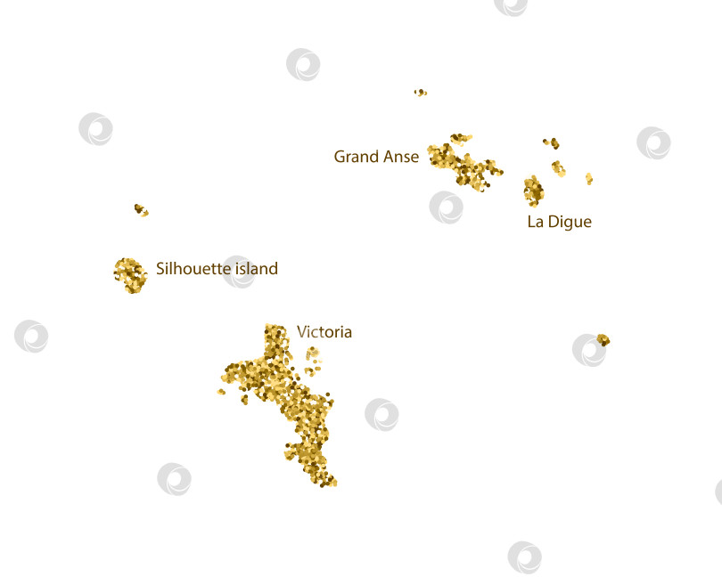 Скачать Векторная изолированная иллюстрация с упрощенной картой Сейшельских островов. Украшена блестящей текстурой золотого блеска. Новогоднее и рождественское украшение для поздравительной открытки. фотосток Ozero
