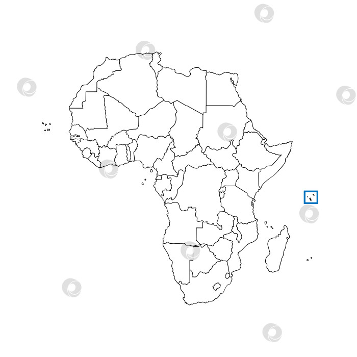 Скачать Векторная изолированная иллюстрация с изображением Африканского континента с границами всех государств. Политическая карта Сейшельских островов черным контуром. Белый фон. фотосток Ozero
