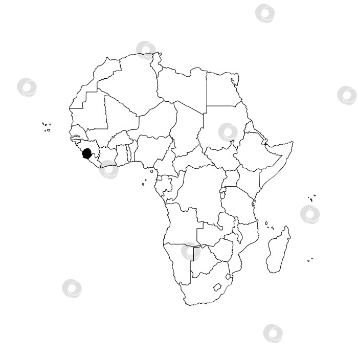 Скачать Векторная изолированная иллюстрация с изображением Африканского континента с границами всех государств. Политическая карта Республики Сьерра-Леоне с черным контуром. Белый фон. фотосток Ozero