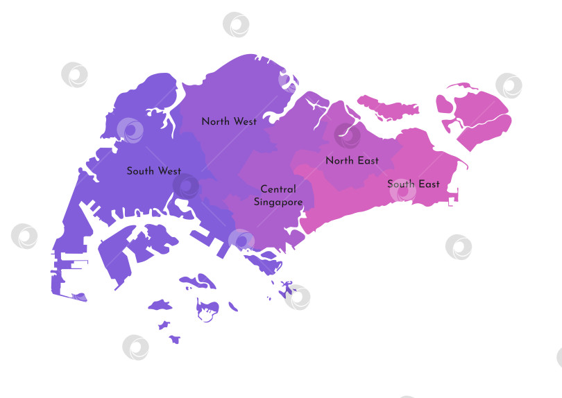 Скачать Векторная изолированная иллюстрация упрощенной административной карты Сингапура. Границы и названия регионов. Разноцветные силуэты. фотосток Ozero