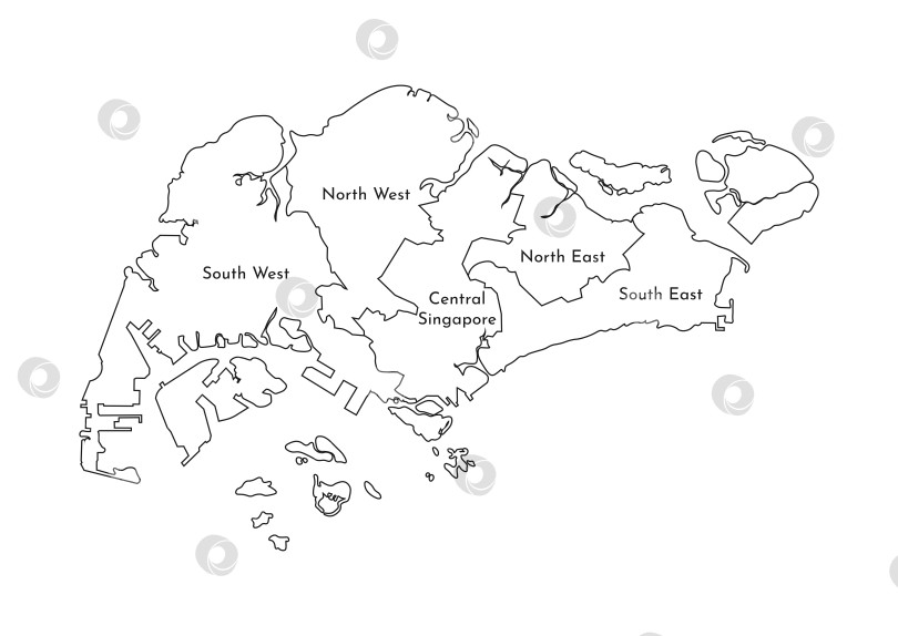 Скачать Векторная изолированная иллюстрация упрощенной административной карты Сингапура. Границы и названия регионов. Силуэты черных линий. фотосток Ozero