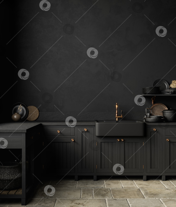 Скачать Интерьер кухни в черном цвете с раковиной, мебелью, посудой и декором. фотосток Ozero