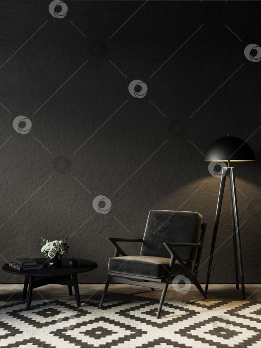 Скачать Интерьер черной комнаты с креслом, торшером и декором. фотосток Ozero