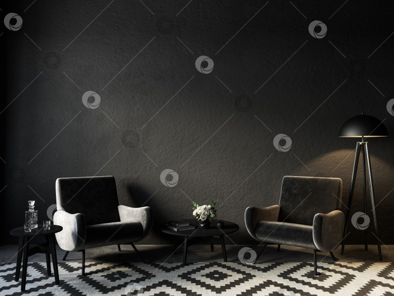 Скачать Черный интерьер с велюровыми креслами, ковром и декором. фотосток Ozero