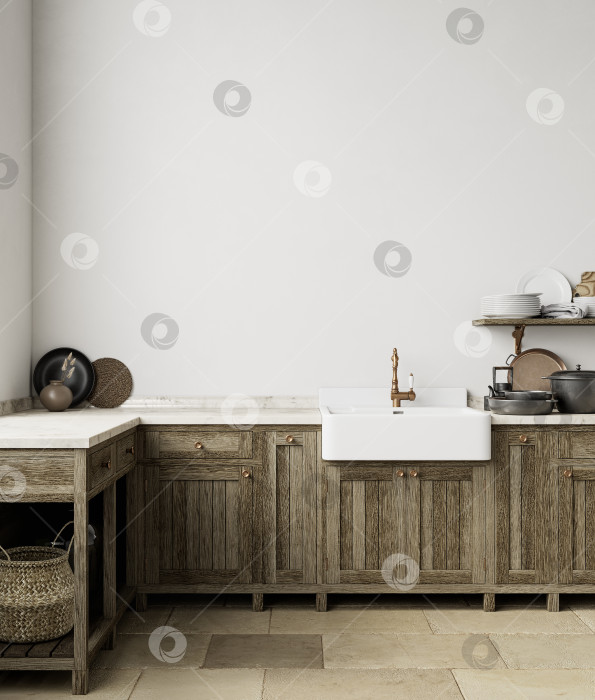 Скачать Интерьер белой кухни с раковиной, мебелью, посудой и декором. фотосток Ozero