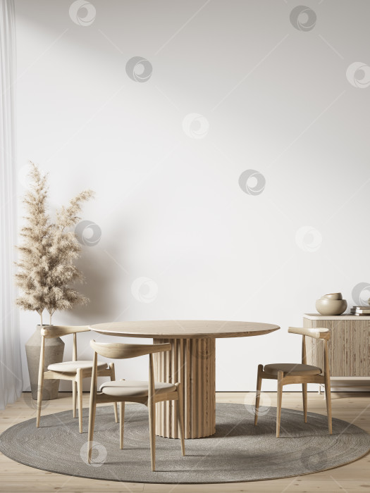 Скачать Белый интерьер с обеденным столом, стульями и декором. макет иллюстрации с 3d-рендерингом. фотосток Ozero