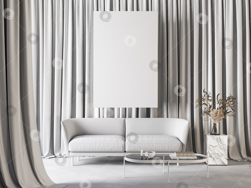 Скачать Белый интерьер со шторами, диваном, пустым постером и декором. фотосток Ozero