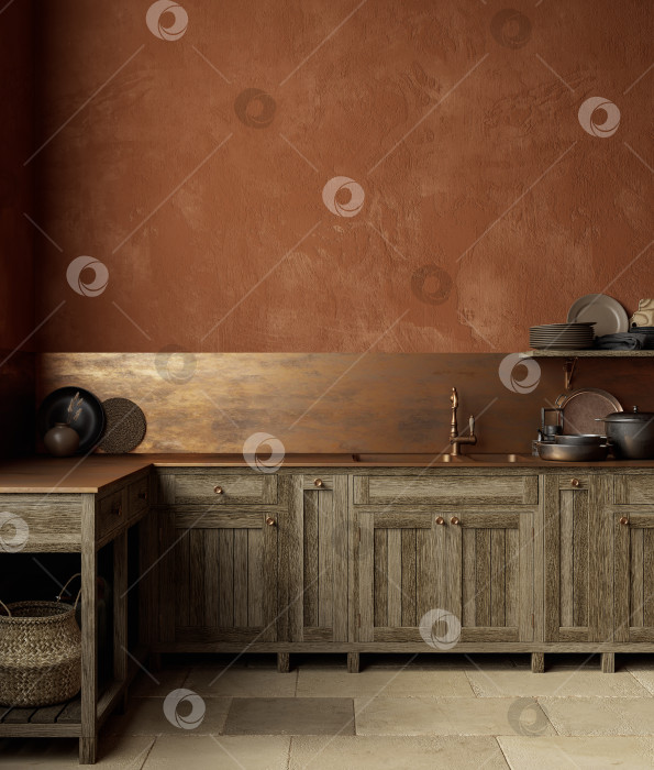 Скачать Оранжево-коричневый интерьер кухни с раковиной, мебелью, декором и металлической столешницей. фотосток Ozero
