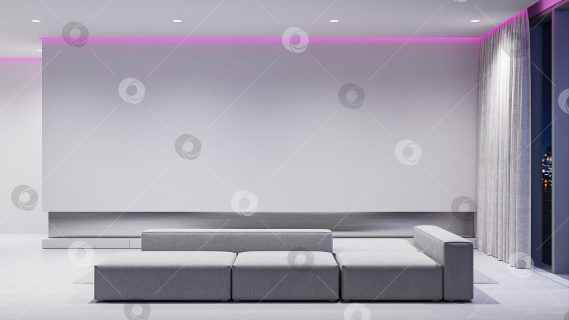 Скачать Современный минималистичный интерьер в белом цвете с диваном и ночным освещением. макет иллюстрации с 3d-рендерингом. фотосток Ozero