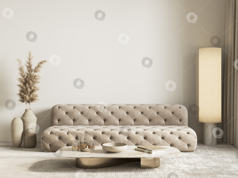 Скачать Современный классический бело-бежевый интерьер с диваном и декором. макет иллюстрации с 3d-рендерингом. фотосток Ozero