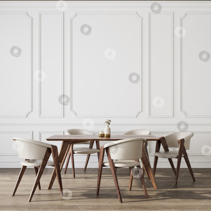 Скачать Классический белый интерьер с обеденным столом и стульями. фотосток Ozero