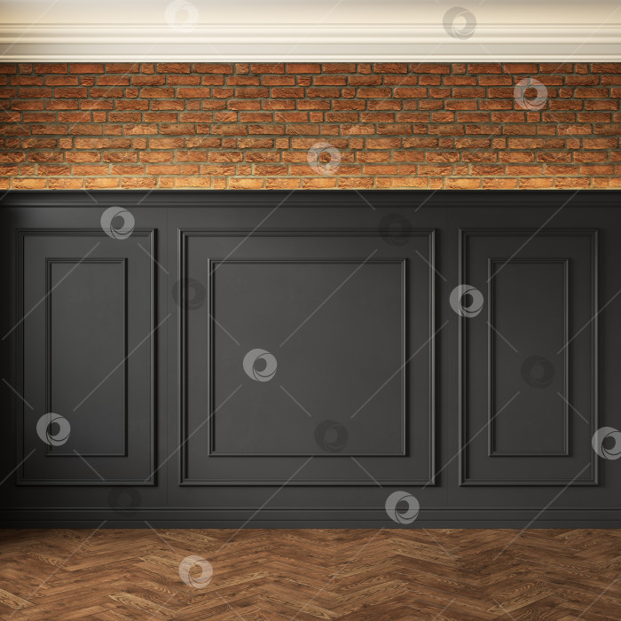 Скачать Классический интерьер в стиле лофт с черными стеновыми панелями, лепниной и кирпичной стеной. фотосток Ozero