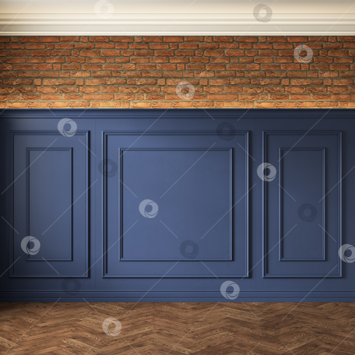 Скачать Классический интерьер в стиле лофт с синими стеновыми панелями, лепниной и кирпичной стеной. фотосток Ozero