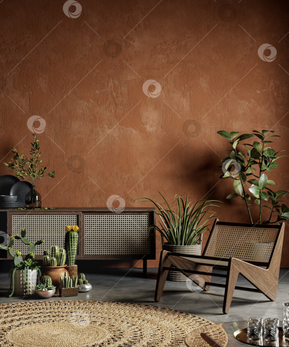 Скачать Интерьер терракотового цвета с растениями, комодом, креслом и декором. фотосток Ozero