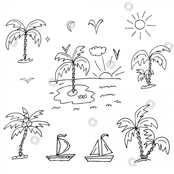 Скачать Набор изображений пальм, лодок, солнца, птиц. Стиль каракулей или набросков, векторная графика, рисование от руки. фотосток Ozero