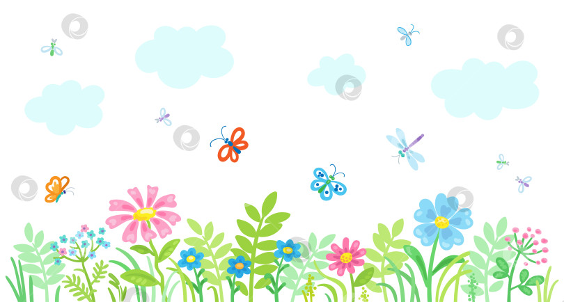 Скачать Летний цветущий луг с облаками и бабочками. фотосток Ozero