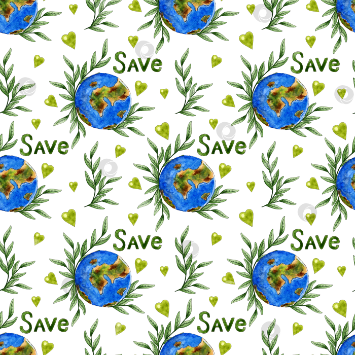 Скачать Рисунок планеты Земля с зелеными ростками в виде сердечек и надписью сохранить акварелью фотосток Ozero
