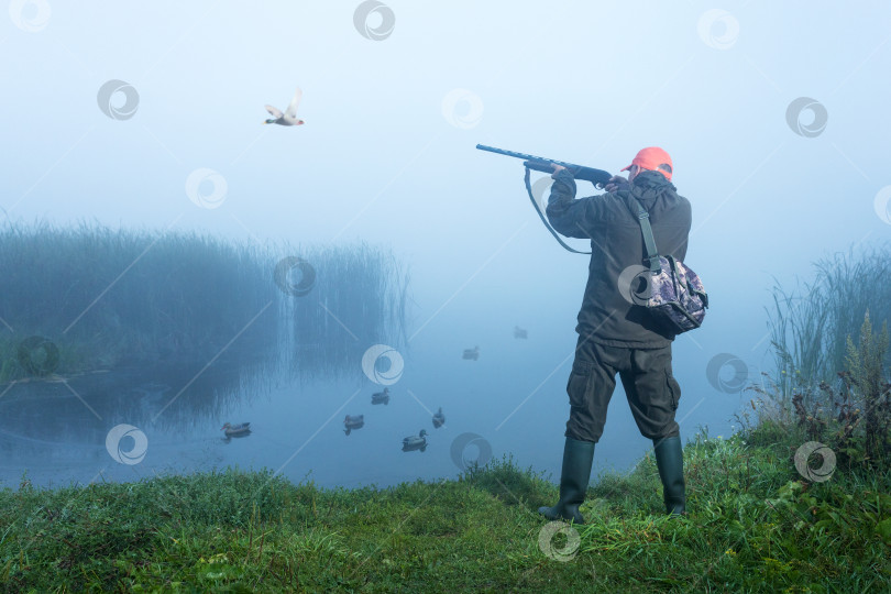 Скачать Охотник стреляет в небо во время охоты на уток осенним утром. фотосток Ozero