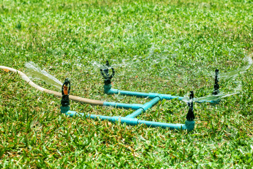 Скачать Разбрызгиватель для газона разбрызгивает воду по траве. фотосток Ozero