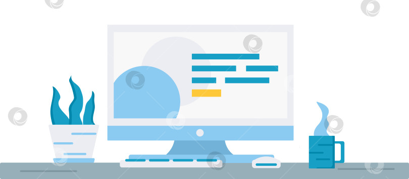 Скачать Сцена на рабочем столе. Монитор с веб-сайтом, комнатным растением в горшке и кофейной чашкой на офисном столе. Компьютер с клавиатурой и мышью. фотосток Ozero