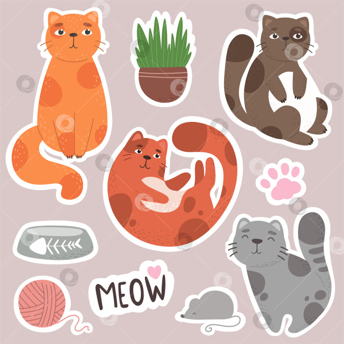 Скачать Симпатичная коллекция наклеек с кошками, домашними животными в мультяшном плоском стиле. фотосток Ozero