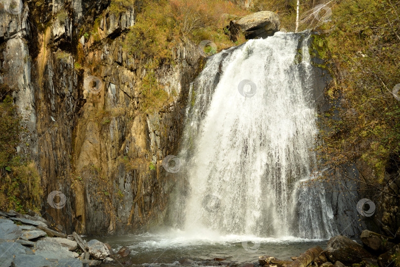 Скачать Большой и величественный водопад быстрым потоком низвергается с горы в пожелтевшем осеннем лесу. фотосток Ozero