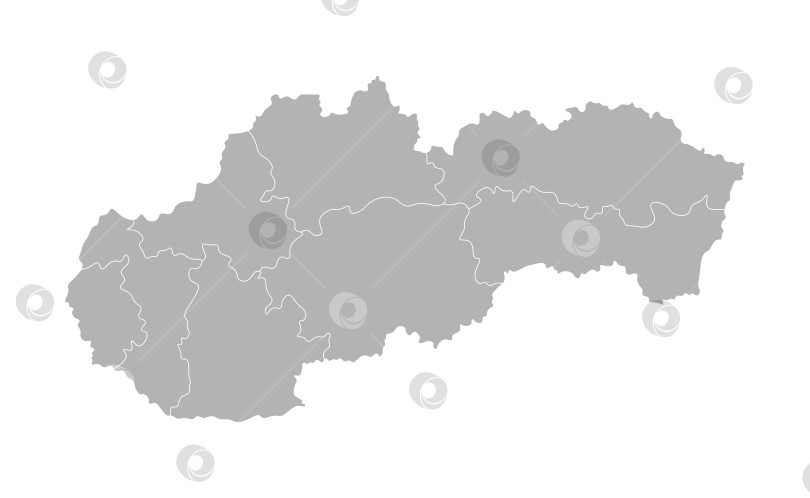 Скачать Векторная изолированная иллюстрация упрощенной административной карты Словакии. Границы провинций, регионов. Серые силуэты. Белый контур. фотосток Ozero