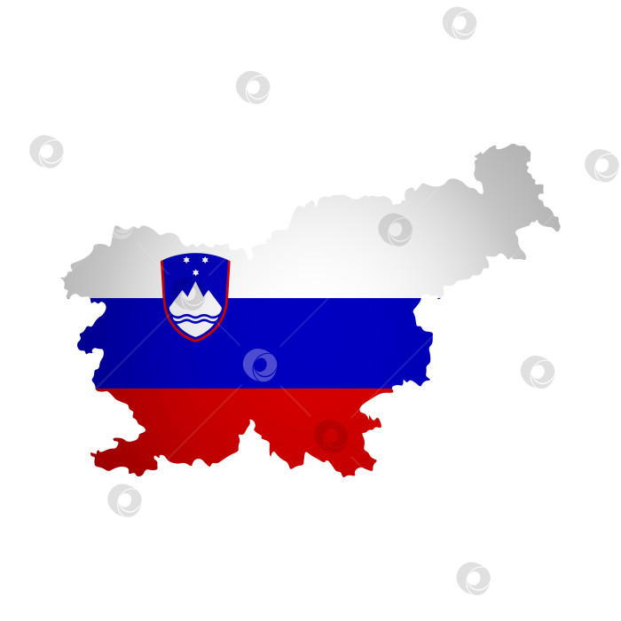 Скачать Векторная изолированная иллюстрация с национальным флагом Словении и упрощенной формой карты Словении. Объемная тень на карте. Белый фон фотосток Ozero