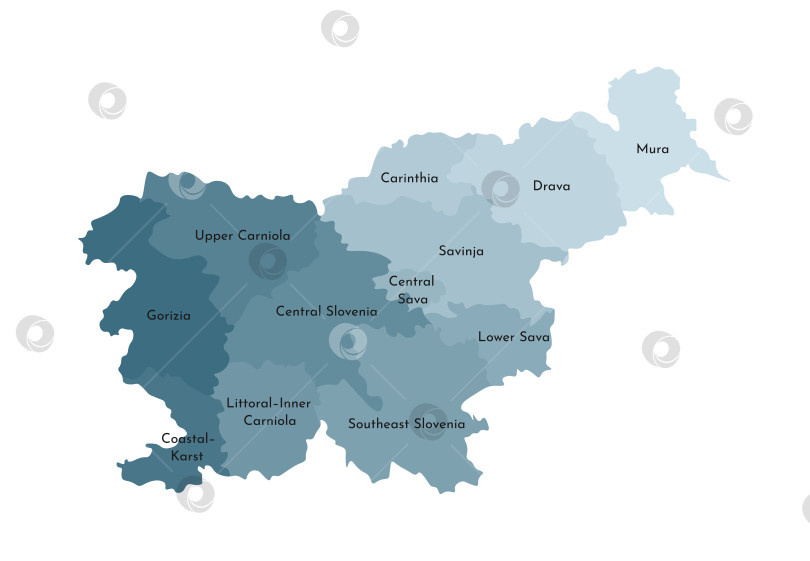 Скачать Векторная изолированная иллюстрация упрощенной административной карты Словении. Границы и названия регионов. Красочные силуэты синего цвета хаки. фотосток Ozero