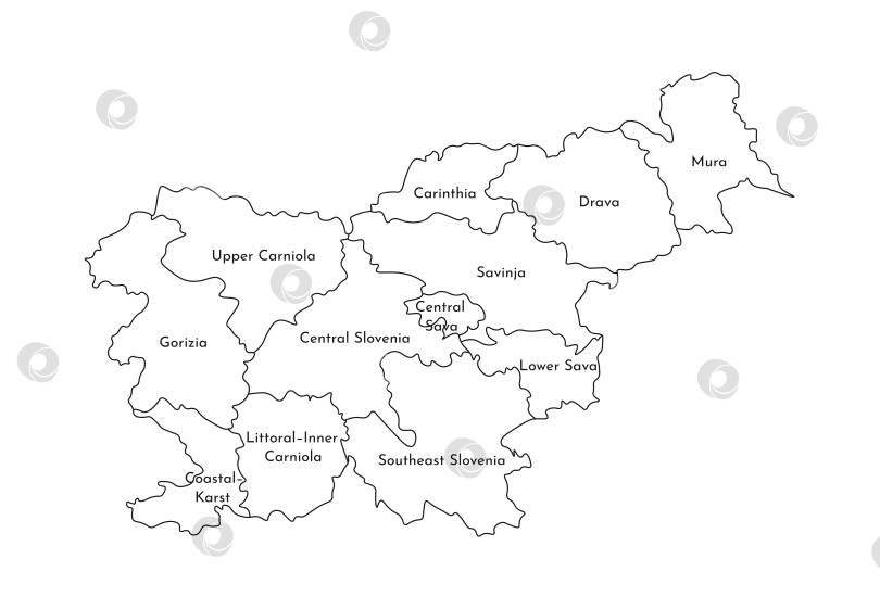 Скачать Векторная изолированная иллюстрация упрощенной административной карты Словении. Границы и названия регионов. Силуэты черными линиями. фотосток Ozero