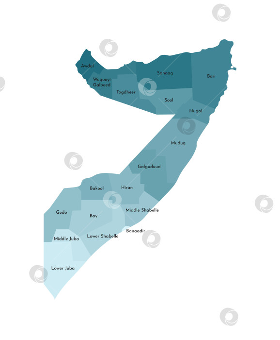 Скачать Векторная изолированная иллюстрация упрощенной административной карты Сомали. Границы и названия регионов. Красочные силуэты синего цвета хаки фотосток Ozero