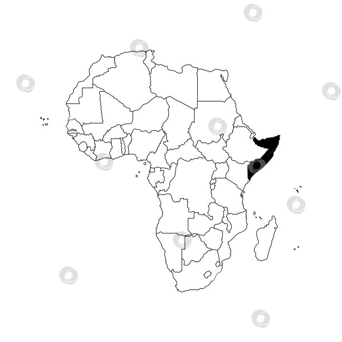 Скачать Векторная изолированная иллюстрация с изображением Африканского континента с границами всех государств. Политическая карта Сомали с черным контуром. Белый фон. фотосток Ozero